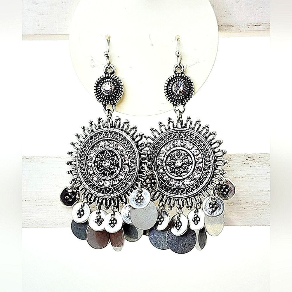 Silver Tone Boho Bali Dangle Earrings